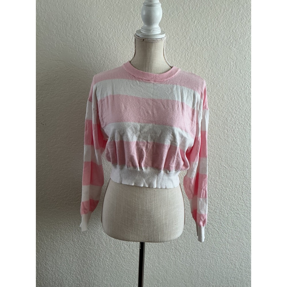 Rue21 Sweater Small Pink White Striped Cropped Long Sleeve Crewneck Knit Top